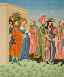 Egy fiatal anya kísérete, VI. Károly király (1368-1422) latin Terence miniatúrája nyomán Paul Lacroix (1806-84) „Le Moyen Age et La Renaissance” című művéből, amely 1847-ben jelent meg.